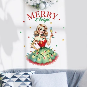 Festive Christmas wall sticker with vintage lady and stars for living room decor