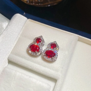Macro shot of silver gourd earrings with red stones and diamonds in a jewelry box