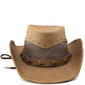 Detail of brown cowboy hat showing breathable mesh and bronze rivet decorative band