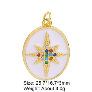 Detail view of oval gold-plated pendant with white enamel star and colored gemstones