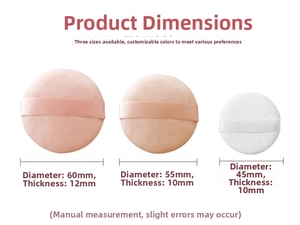 Size chart showing dimensions of round plush powder puffs in small, medium and large