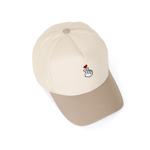 Close-up of five-panel baseball cap showing detailed finger heart embroidery design