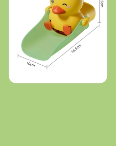 Detailed view of yellow duck faucet extender with 10cm by 16.5cm size dimensions