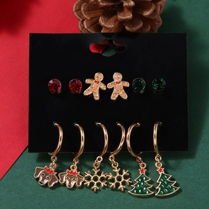 Festive 6-pair Christmas earring set with snowman, gingerbread man, and snowflake designs