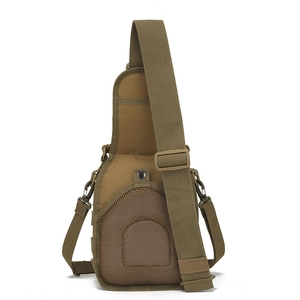 Khaki tactical sling bag with adjustable shoulder strap and laser-cut nylon exterior