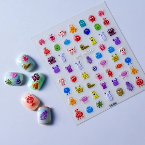 5D embossed cute monster nail art stickers TS-204 with colorful cartoon designs for manicure