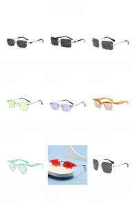 A 3x3 grid showcasing stylish rimless sunglasses in various jelly colors and unique shapes