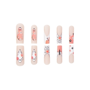 Halloween press-on nails with ghost pumpkin spider web art on long square shape