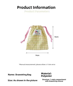 Polyester drawstring bag with yellow plaid texture and detailed size dimensions