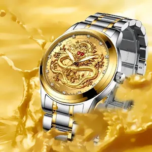 Men Quartz Watch Gold Dragon Relief Dial Waterproof Luminous Rhinestone Luxury Business Fashion Wristwatch