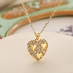 Elegant 18K gold plated heart pendant necklace with shimmering zircon pavé and accents