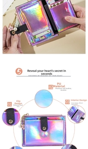 Detail view of ultra-thin holographic wallet featuring multiple card slots and pearl pendant