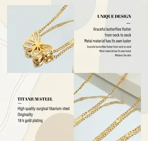 Macro detail of 18K gold plated butterfly pendant necklace with sparkling zircons