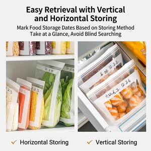 Reusable food-grade freezer bags with labeling area organized in a refrigerator