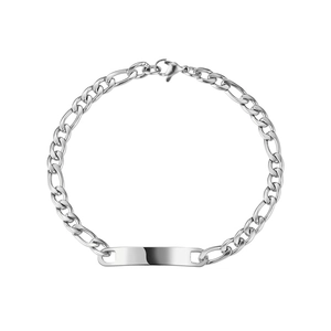 Polished stainless steel Figaro chain bracelet with rectangular nameplate and lobster clasp