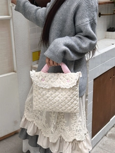 Detail of floral quilted laptop bag featuring lace trim and pink button closures