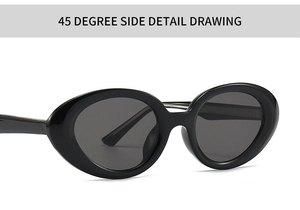 Detail view of oval cat-eye sunglasses with high-gloss black finish and metal hinge