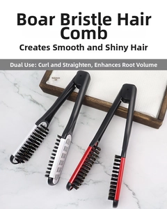 Close-up of V-shaped boar bristle hair straightener combs on a wooden tray