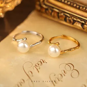 925 Sterling Silver Artificial Pearl Open Ring Adjustable Bamboo Joint Design Elegant New Chinese Style Jewelry For Women