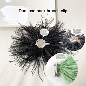 Detail view of black feather brooch with silver metal pin and crocodile clip dual-use