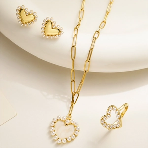Bijoux En Forme De Cœur Cuivre Fausse Künstliche Perle Coquille Collier Boucles D'oreilles Clous Bague Réglable Mode Femmes Doux