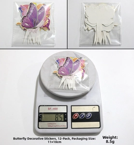 Macro detail of 12-piece purple butterfly cupcake toppers with size and weight specs