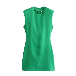 Robe courte sans manches verte pour femme avec col rond vue à plat épurée
