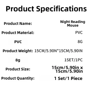 Specifications of PVC cartoon mouse hole wall sticker showing 15x15cm size and 8g weight