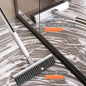 Long-handle 2-in-1 floor scrub brush with stiff bristles and squeegee for bathroom tiles