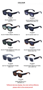 Matrix display of square frame sunglasses in black, tortoise, and gray color options