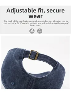 Detail of navy blue washed denim baseball cap with adjustable metal buckle at the back