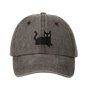 Washed dark grey baseball cap for kids featuring a cute black cat embroidery detail