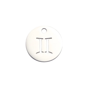 Polished stainless steel round pendant with hollow Gemini constellation symbol