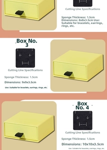 Detailed size guide for yellow drawer jewelry boxes showing 8x8cm to 10x10cm dimensions