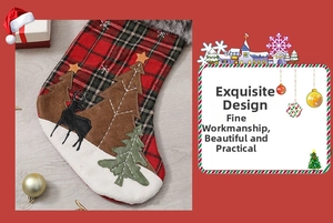 Detail of Christmas stocking featuring plaid fabric with reindeer and pine tree embroidery