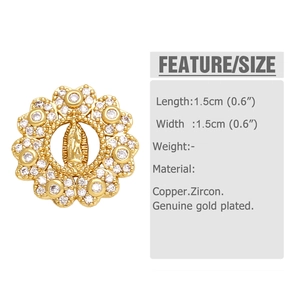 Detailed size view of a 1.5cm golden floral stud earring with Zircon and religious relief