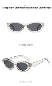 Front and side view of oval sunglasses with transparent grey frames and dark grey lenses