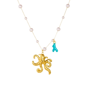 Collana con ciondolo a polpo dorato con corallo blu e perla in acciaio inossidabile