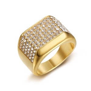 Men's gold-plated hip hop square ring with sparkling micro-pave crystals on white background