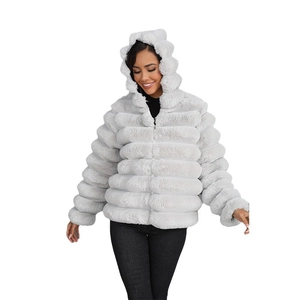 Short faux fur hooded jacket for women in light grey with horizontal wave texture design
