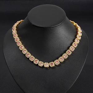 Iced out pink sugar cube Cuban chain necklace in gold finish for hip hop fashion style