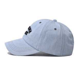 Classic light blue denim baseball cap with black 3D letter embroidery and vintage texture