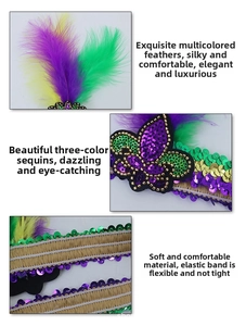 Detail of vibrant Mardi Gras feathers and sequined butterfly embroidery on headband