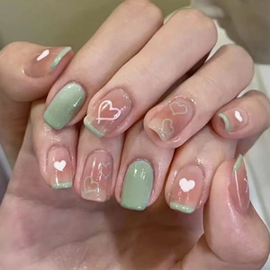 Mint Green Heart Pattern French Style Press On Nails Short Square Round Removable Fake Nails For Women Daily Decor Wear