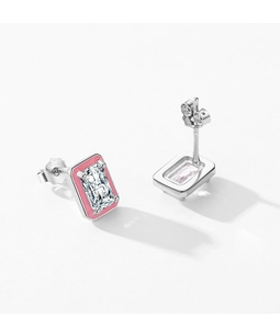 Detailed S925 sterling silver rectangular stud earrings with pink enamel and zircon