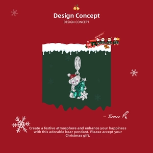 Detail of s925 silver Christmas bear charm with colorful enamel tree and snowflake