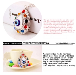 Detailed macro of teardrop evil eye keychain with multicolored rhinestones and zinc alloy