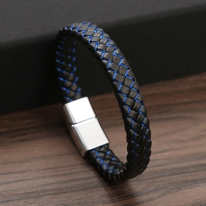 Men's hand-woven black and blue leather bracelet with square silver magnetic clasp