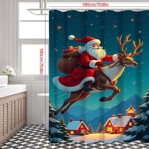 Christmas shower curtain with Santa riding reindeer in snowy night scene for bathroom