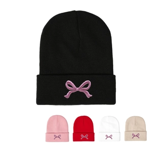 Knitted Beanie Hat Acrylic Winter Warm Cuffed Embroidered Bow Sweet Casual Korean Style For Women